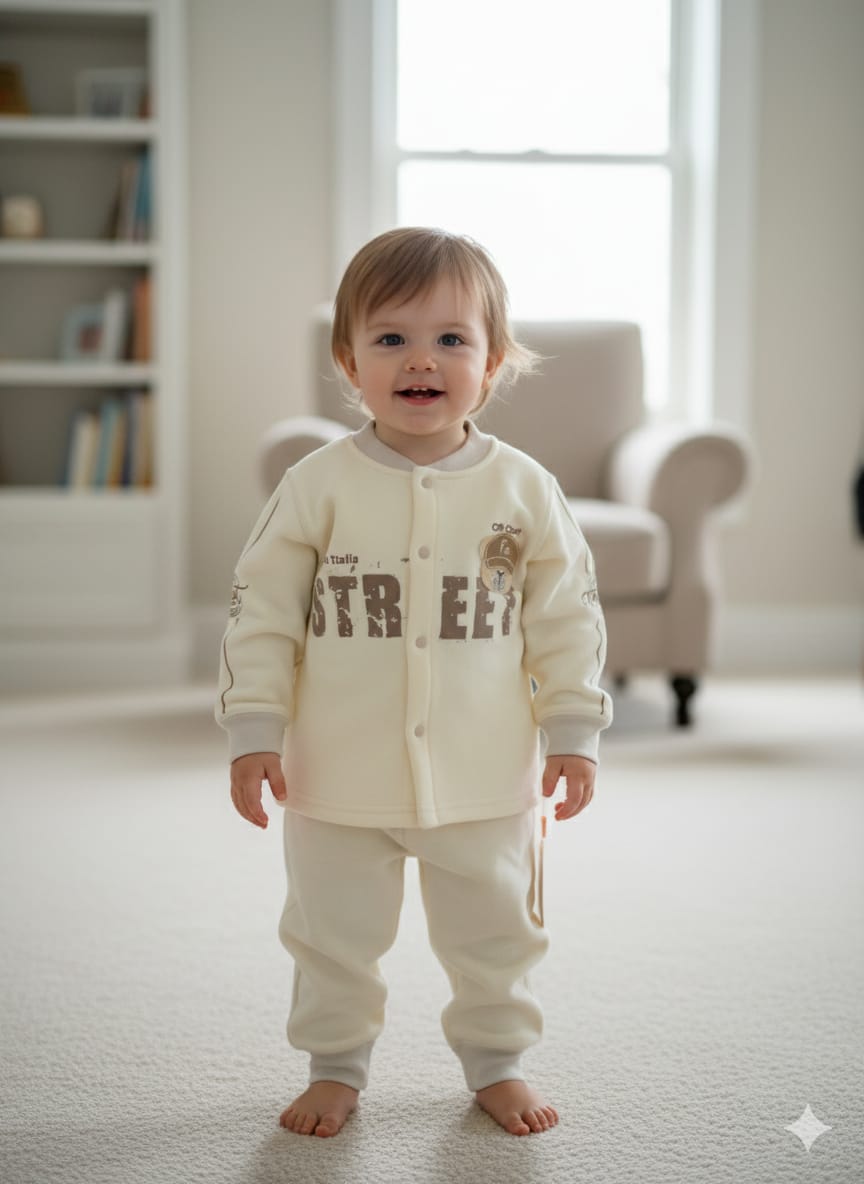 A happy baby standing in a living room wearing a cream-colored Baby Cartoon Thick Velvet Thermal Set with a bear graphic.