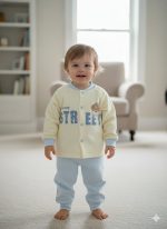 A smiling toddler stands in a living room wearing a cream and light blue Baby Cartoon Velvet Thermal Base Layer Set.