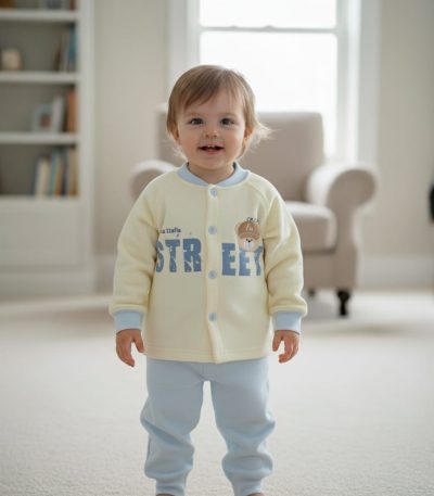 A smiling toddler stands in a living room wearing a cream and light blue Baby Cartoon Velvet Thermal Base Layer Set.