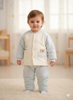 A smiling baby wearing a cream and light blue Baby Cartoon Velvet Thermal Base Layer Set with a bear applique.