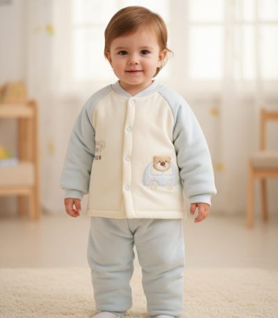 A smiling baby wearing a cream and light blue Baby Cartoon Velvet Thermal Base Layer Set with a bear applique.