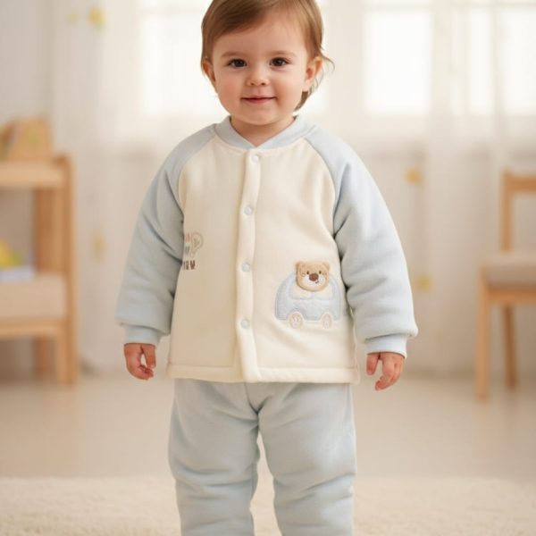 A smiling baby wearing a cream and light blue Baby Cartoon Velvet Thermal Base Layer Set with a bear applique.