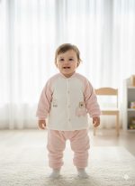 A smiling baby stands wearing a pink and white Baby Thickened Velvet Thermal Two-Piece Set.