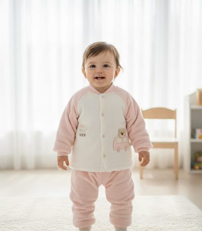 A smiling baby stands wearing a pink and white Baby Thickened Velvet Thermal Two-Piece Set.