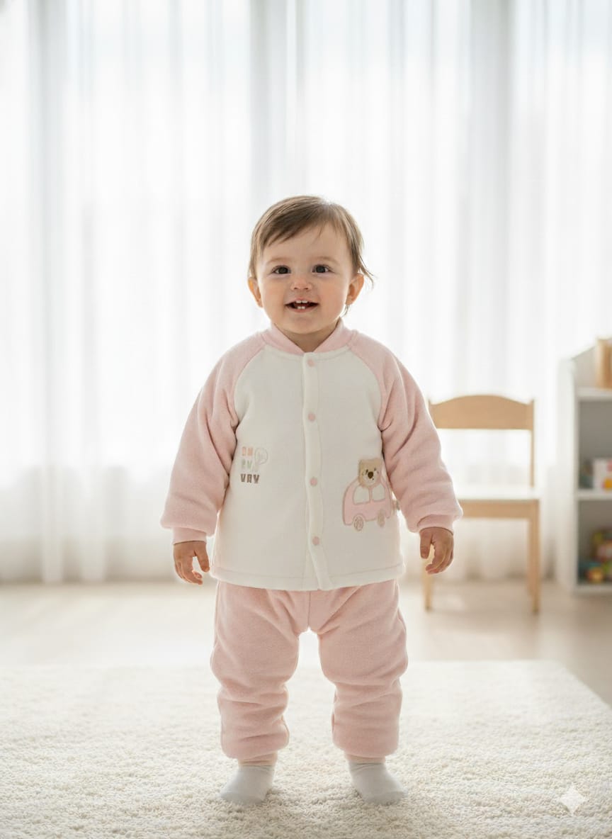 A smiling baby stands wearing a pink and white Baby Thickened Velvet Thermal Two-Piece Set.