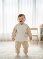 A smiling baby stands in a room wearing a two-piece beige and white Baby Cartoon Velvet Thermal Base Layer Set.