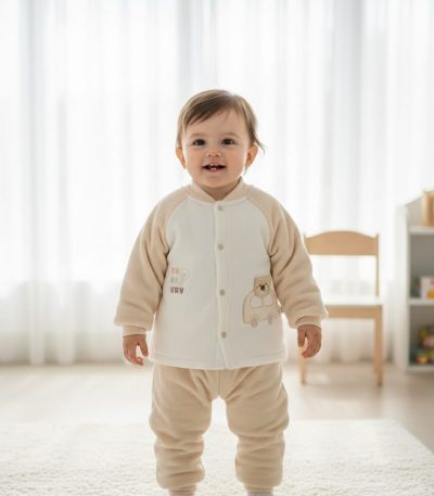 A smiling baby stands in a room wearing a two-piece beige and white Baby Cartoon Velvet Thermal Base Layer Set.