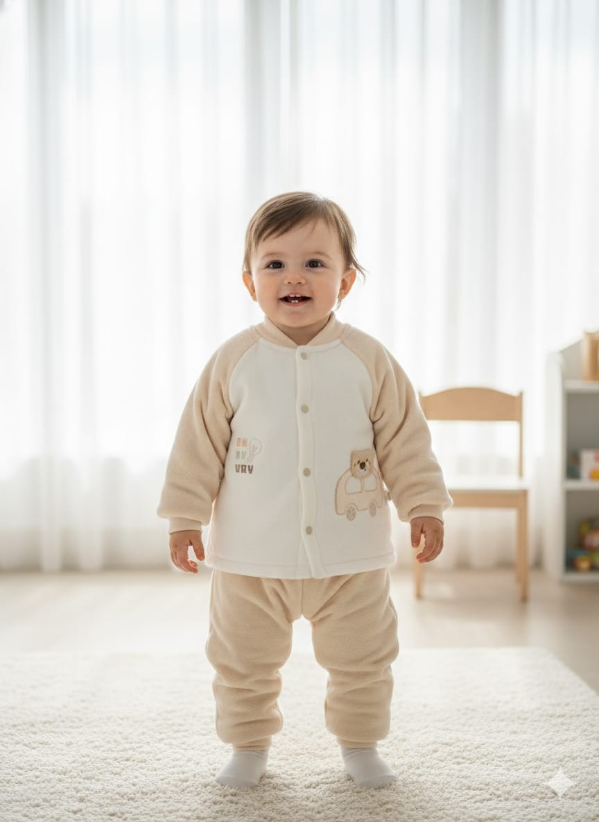 A smiling baby stands in a room wearing a two-piece beige and white Baby Cartoon Velvet Thermal Base Layer Set.