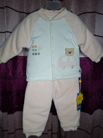 Front view of a baby's thickened velvet thermal two-piece set in white and pink, with a bear and car embroidery.