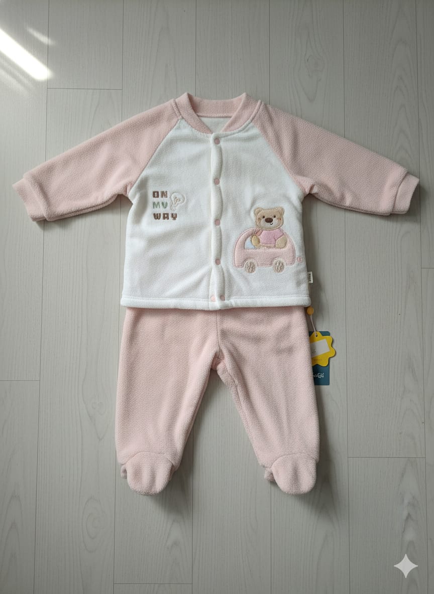 Baby Thickened Velvet Thermal Two-Piece Set in pink and white, laid flat. The top features a teddy bear applique.