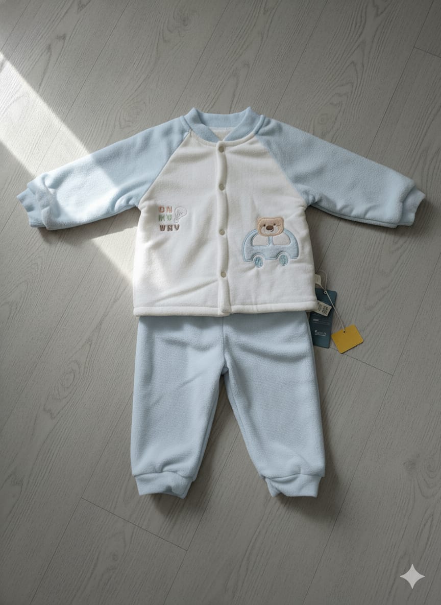 Baby cartoon velvet thermal base layer set in light blue and white, with a bear and car embroidery, laid flat on a floor.