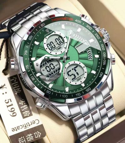 A POEDAGAR E108 analog-digital chronograph men's watch with a green dial and a stainless steel bracelet shown in its box.