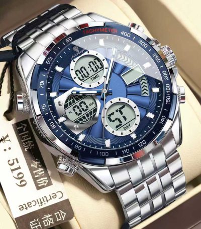 A POEDAGAR E108 analog-digital chronograph men's watch with a blue dial and a stainless steel bracelet, shown angled in its box.