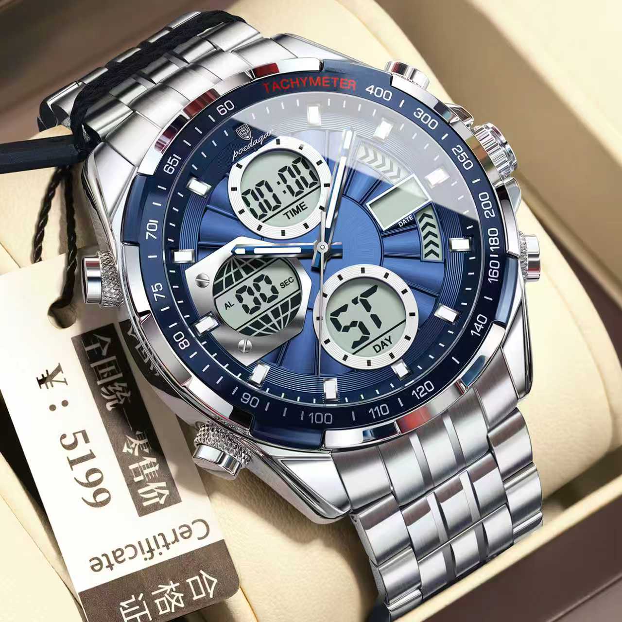 A POEDAGAR E108 analog-digital chronograph men's watch with a blue dial and a stainless steel bracelet, shown angled in its box.