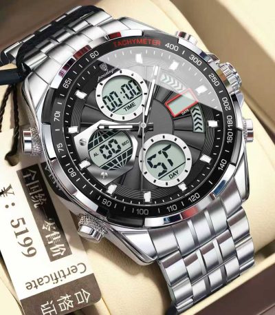 A POEDAGAR E108 analog-digital chronograph men's watch with a silver stainless steel bracelet and a black and grey dial.