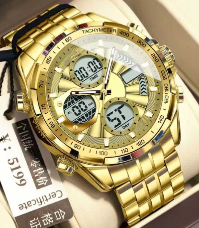 A close-up view of the POEDAGAR E108 quartz chronograph watch, featuring a gold-colored case and a matching link bracelet.