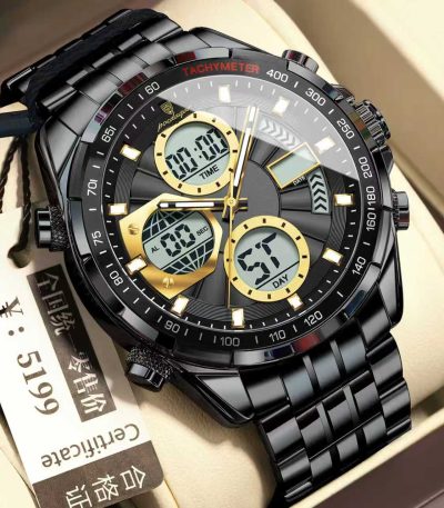 A POEDAGAR E108 Analog-Digital Men's Chronograph Watch, featuring a black and gold face with a black stainless steel link bracelet.