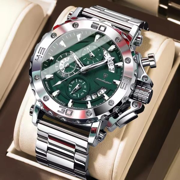 A POEDAGAR 892 Oversized Men's Quartz Watch is displayed at an angle, highlighting its green dial and silver stainless steel case.