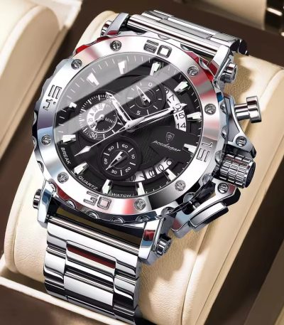 A POEDAGAR 892 Men's Steel Strap Quartz Watch with a black dial and silver-colored steel case, shown at an angle.