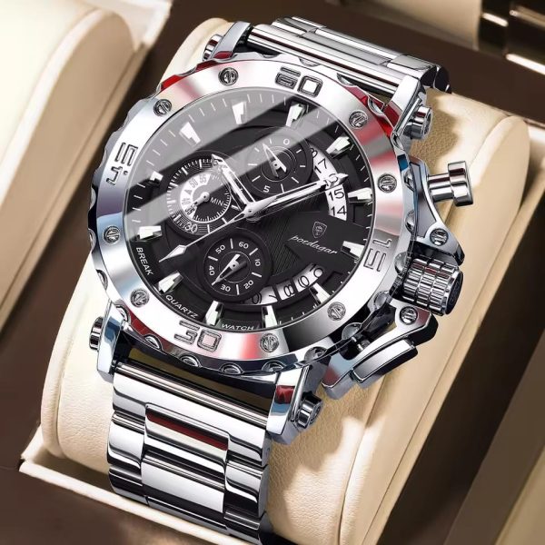 A POEDAGAR 892 Men's Steel Strap Quartz Watch with a black dial and silver-colored steel case, shown at an angle.