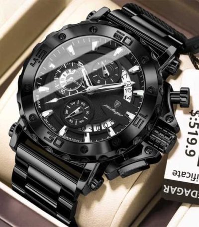 Close-up of the black POEDAGAR 892 Oversized Men's Steel Quartz Watch, showing its detailed face and steel link bracelet.