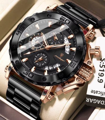 A POEDAGAR 892 men's quartz watch with a black steel strap and rose gold details, shown resting in its presentation box.