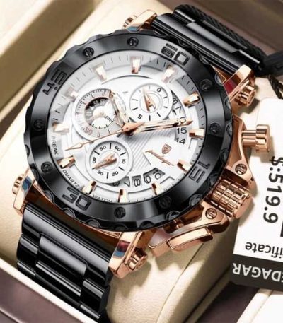 A close-up of the POEDAGAR 892 Oversized Men's Quartz Watch, showing its white dial, chronograph details, and black and rose gold band.