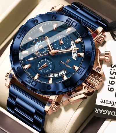 A close-up of the POEDAGAR 892 oversized men's quartz watch, featuring a blue dial, rose-gold case, and blue metal band.