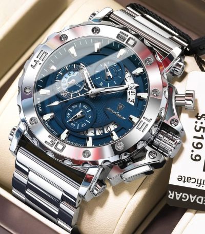 A POEDAGAR 892 men's oversized quartz watch with a shiny steel strap and a detailed blue dial, shown at an angle.