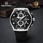 The Naviforce 8051T Chronograph Quartz Watch with a black dial, silver case, and black strap, shown from the front.