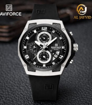 The Naviforce 8051T Chronograph Quartz Watch with a black dial, silver case, and black strap, shown from the front.