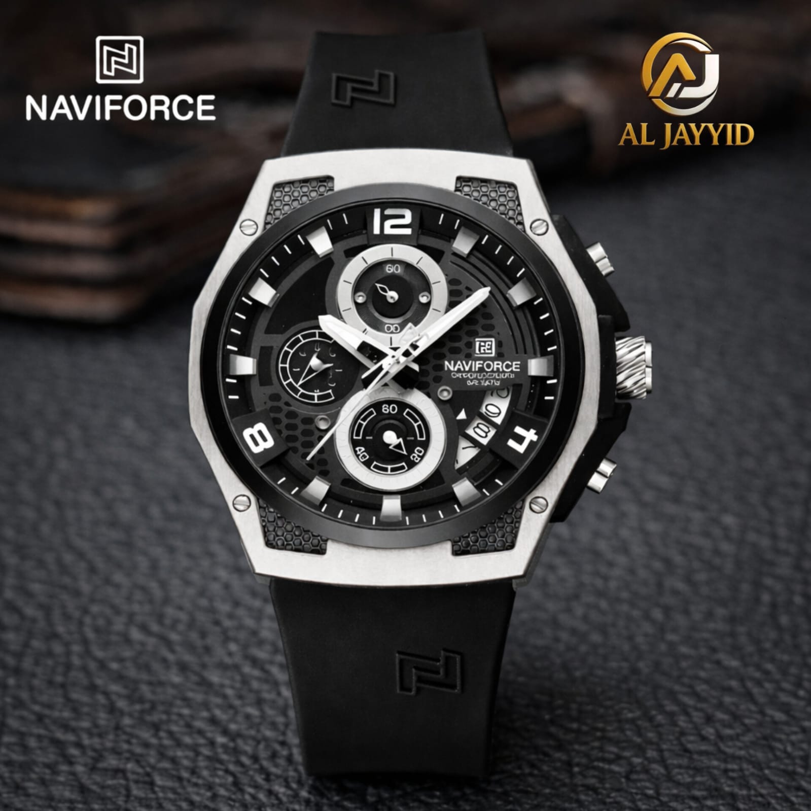 The Naviforce 8051T Chronograph Quartz Watch with a black dial, silver case, and black strap, shown from the front.