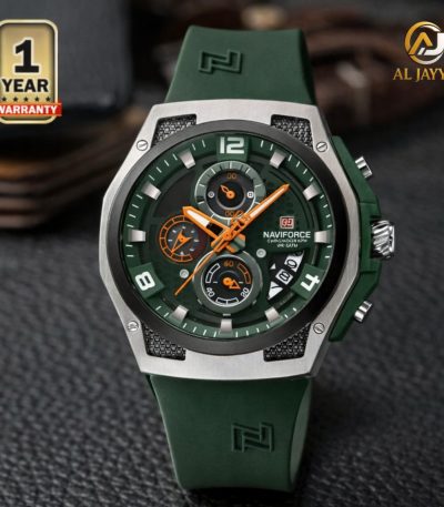 A front-angle view of the Naviforce 8051T chronograph watch, featuring a green silicone strap and a silver-colored case.