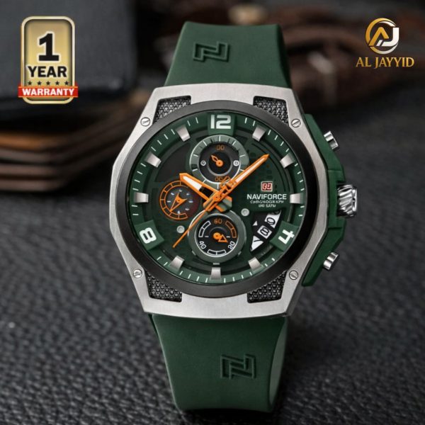 A front-angle view of the Naviforce 8051T chronograph watch, featuring a green silicone strap and a silver-colored case.
