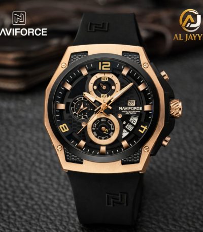 A close-up of the Naviforce 8051T chronograph watch, featuring a black and rose-gold case with a black silicone strap.