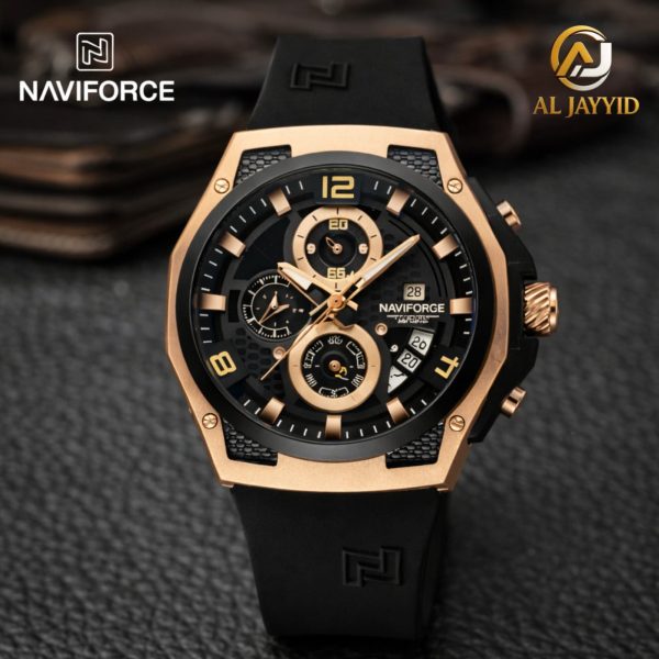 A close-up of the Naviforce 8051T chronograph watch, featuring a black and rose-gold case with a black silicone strap.