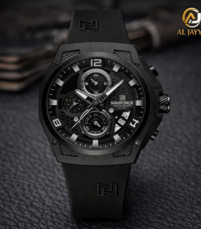 A Naviforce 8051T Black Silicone Chronograph watch shown at an angle on a dark textured surface.