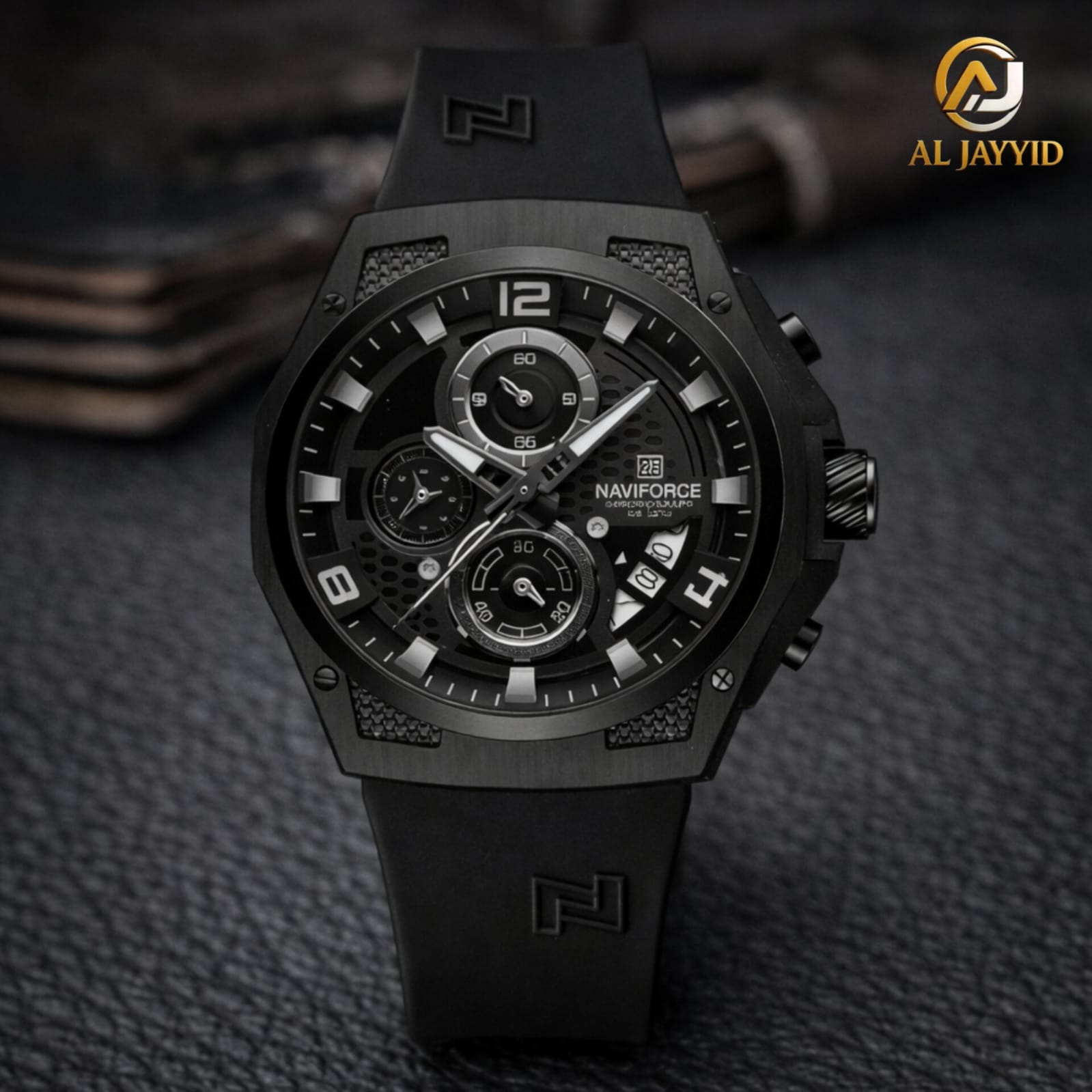 A Naviforce 8051T Black Silicone Chronograph watch shown at an angle on a dark textured surface.