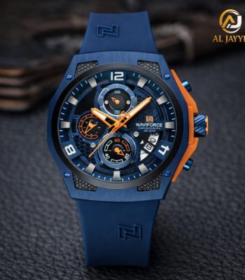 Naviforce 8051T Blue Silicone Chronograph Watch shown at an angle on a dark textured surface, highlighting its blue and orange details.