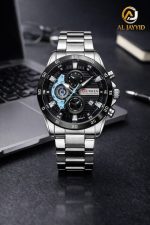 A front view of the Curren 8402 Silver Black watch, featuring a metal link bracelet and a black dial with blue accents.