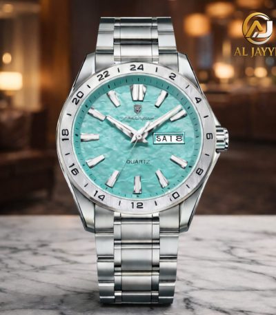 A Poedagar 683 Dual Calendar men's watch with a silver-colored stainless steel bracelet and a textured turquoise dial.