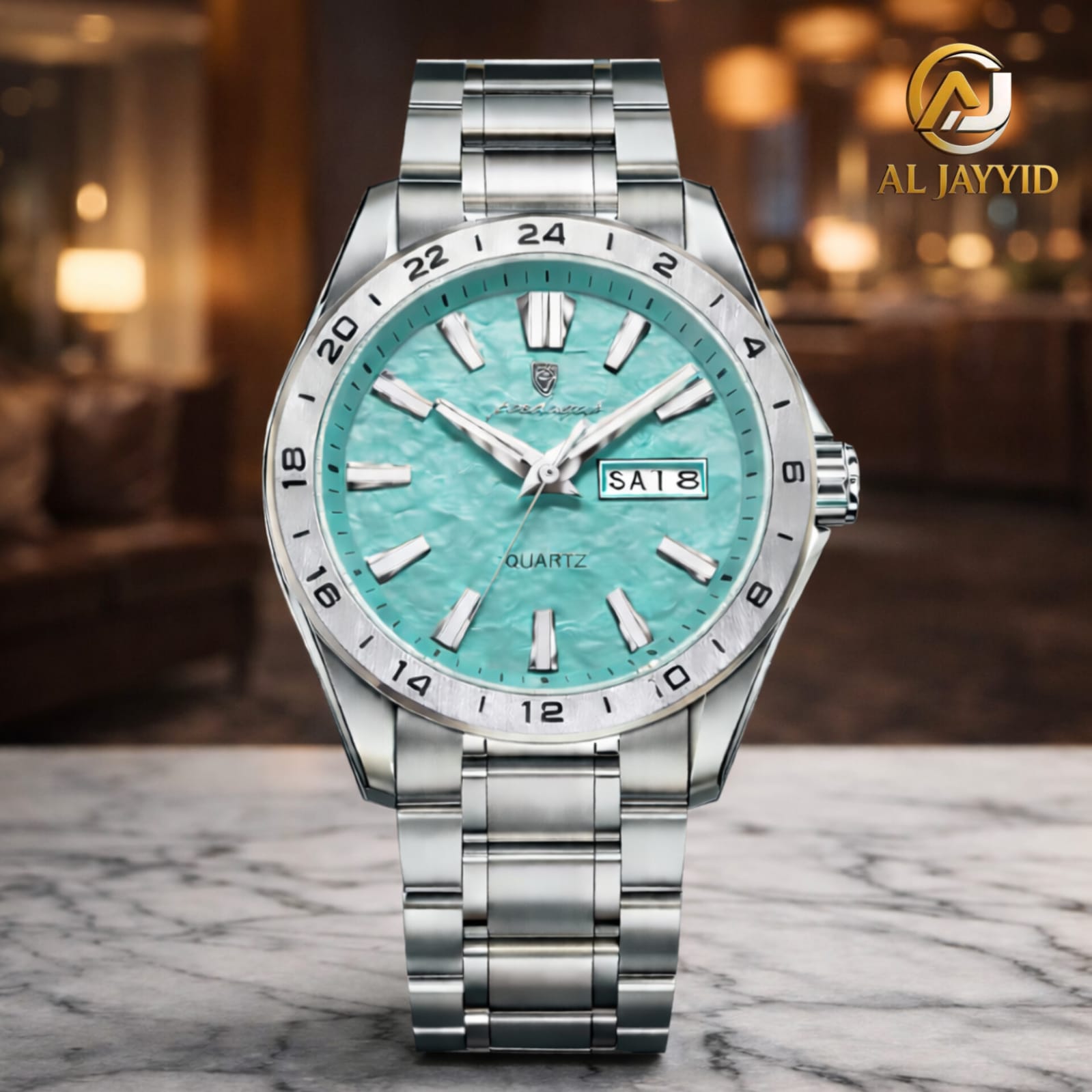 A Poedagar 683 Dual Calendar men's watch with a silver-colored stainless steel bracelet and a textured turquoise dial.