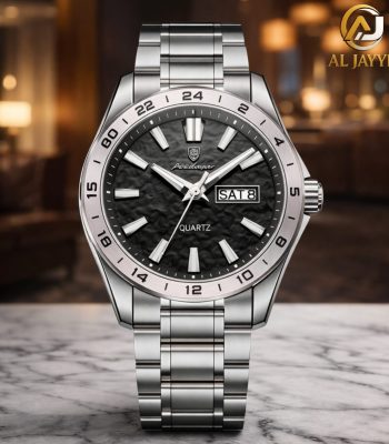 A front view of the Poedagar 683 Dual Calendar Men's Quartz Watch, featuring a black textured dial and a stainless steel bracelet.