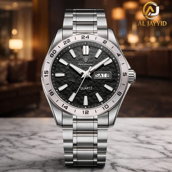 A front view of the Poedagar 683 Dual Calendar Men's Quartz Watch, featuring a black textured dial and a stainless steel bracelet.
