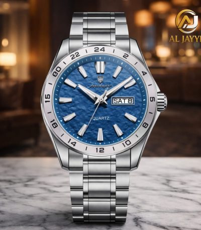 Front view of the Poedagar 683 Dual Calendar Luminous Watch, featuring a silver case, metal bracelet, and a textured blue dial.