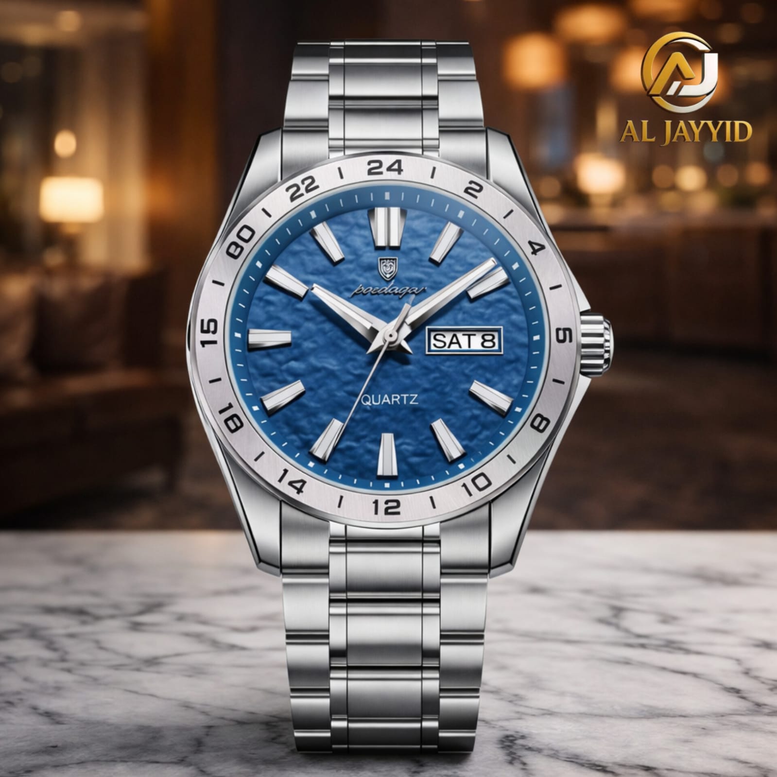 Front view of the Poedagar 683 Dual Calendar Luminous Watch, featuring a silver case, metal bracelet, and a textured blue dial.