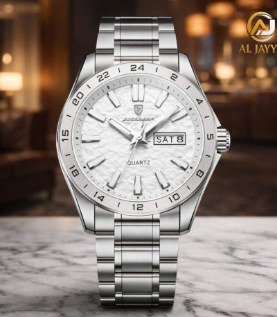 Front view of the Poedagar 683 men's watch, featuring a silver stainless steel case and a white textured dial.