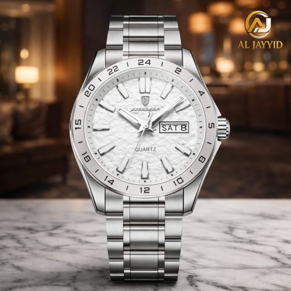 Front view of the Poedagar 683 men's watch, featuring a silver stainless steel case and a white textured dial.