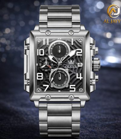 Front view of the OLEVS 2958 Quartz Men's Watch, featuring a silver steel case and bracelet with a black multifunctional dial.