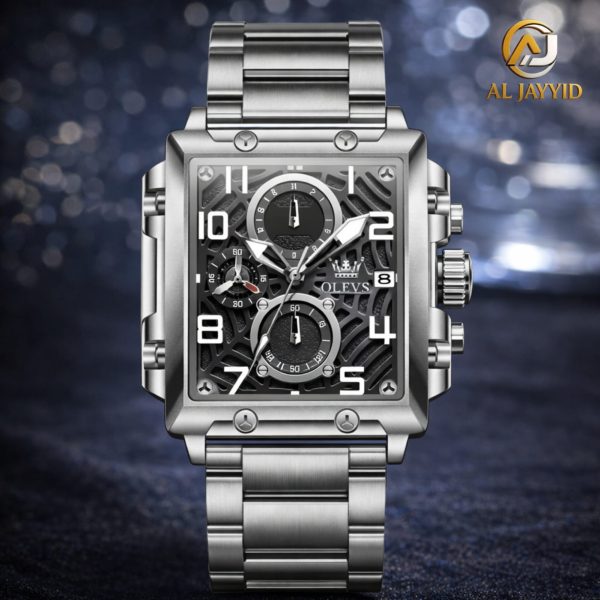 Front view of the OLEVS 2958 Quartz Men's Watch, featuring a silver steel case and bracelet with a black multifunctional dial.